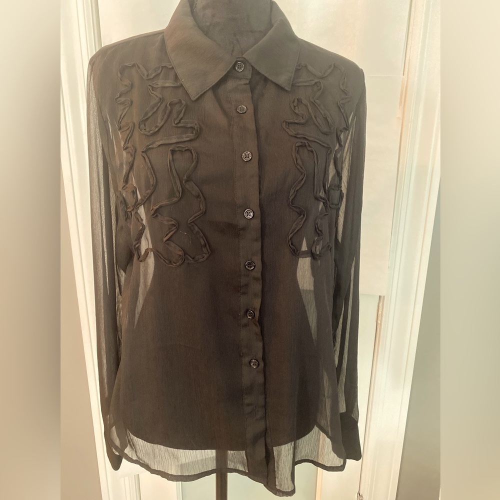 RIVIR Sheer Black Ruffle-Accent Button-Up Top Lace trim Romantic Boho Ruffled